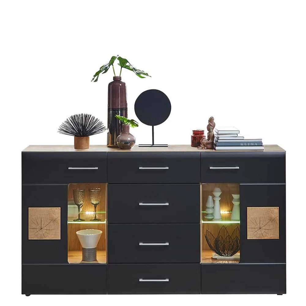 Wohnen 170x93x40 Sideboard mit Glas in Schwarz & Wildeiche - Kandu