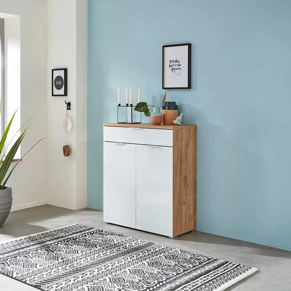 Wohnen 89x105x40 Vertiko in Weiß Glas & Eiche - Reestyl