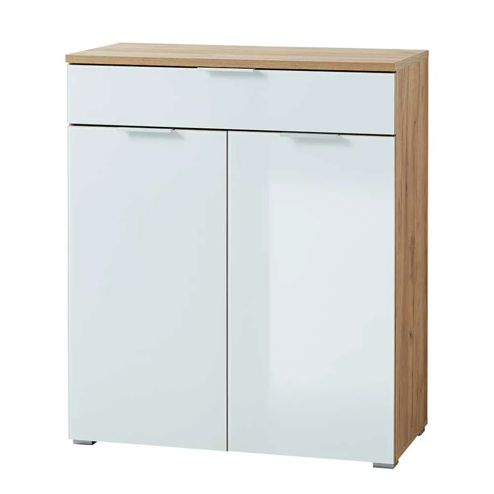 Wohnen 89x105x40 Vertiko in Weiß Glas & Eiche - Reestyl