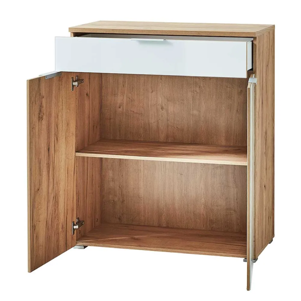 Wohnen 89x105x40 Vertiko in Weiß Glas & Eiche - Reestyl