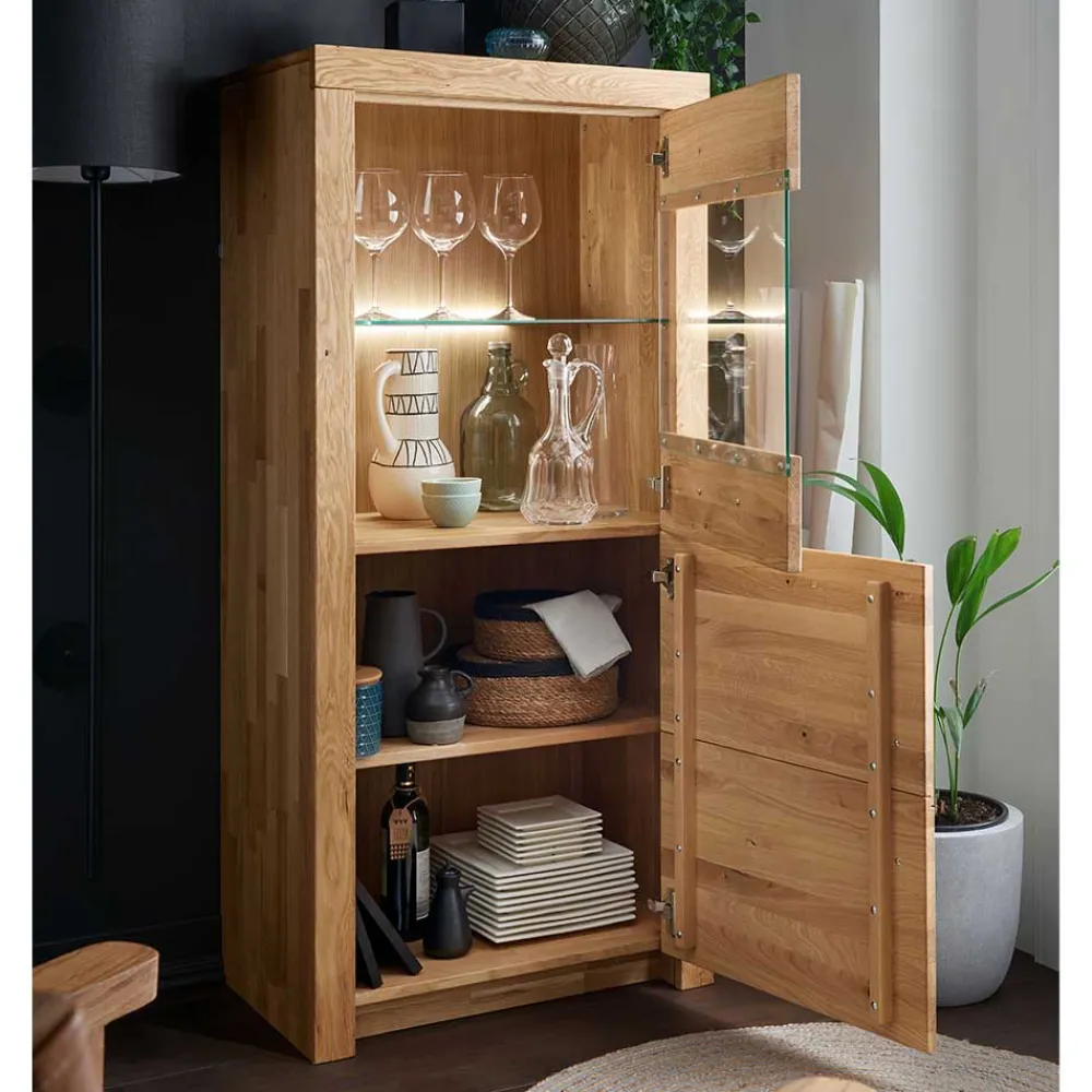 Wohnen 65x141x40 Vitrinenschrank aus Wildeiche Massivholz - Loitons