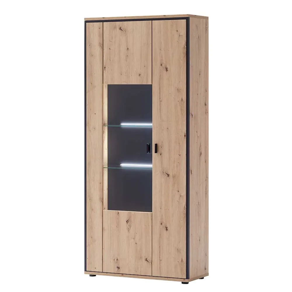 Wohnen 93x210x38 Vitrinenschrank in Eiche Holzdekor - Nikdus