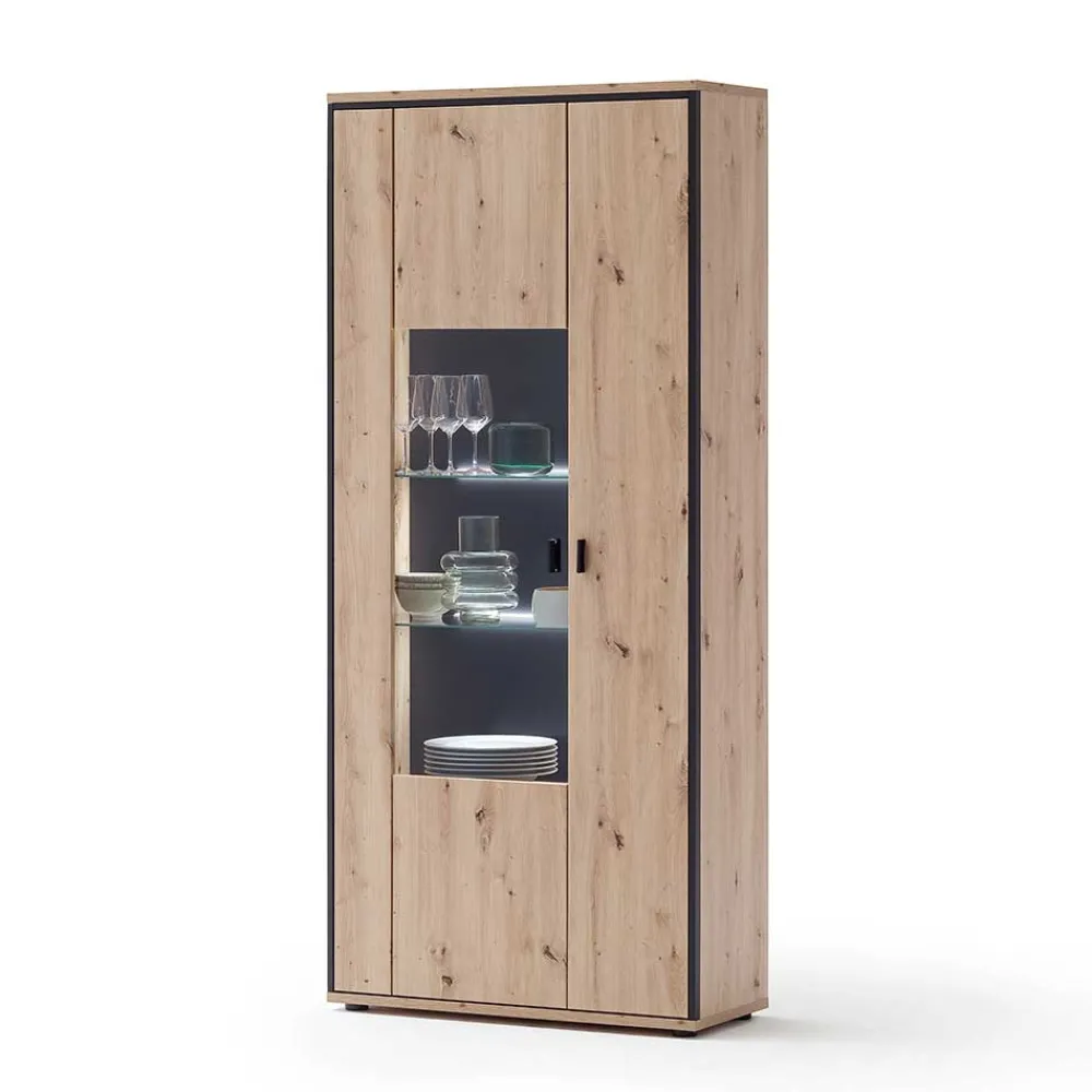 Wohnen 93x210x38 Vitrinenschrank in Eiche Holzdekor - Nikdus