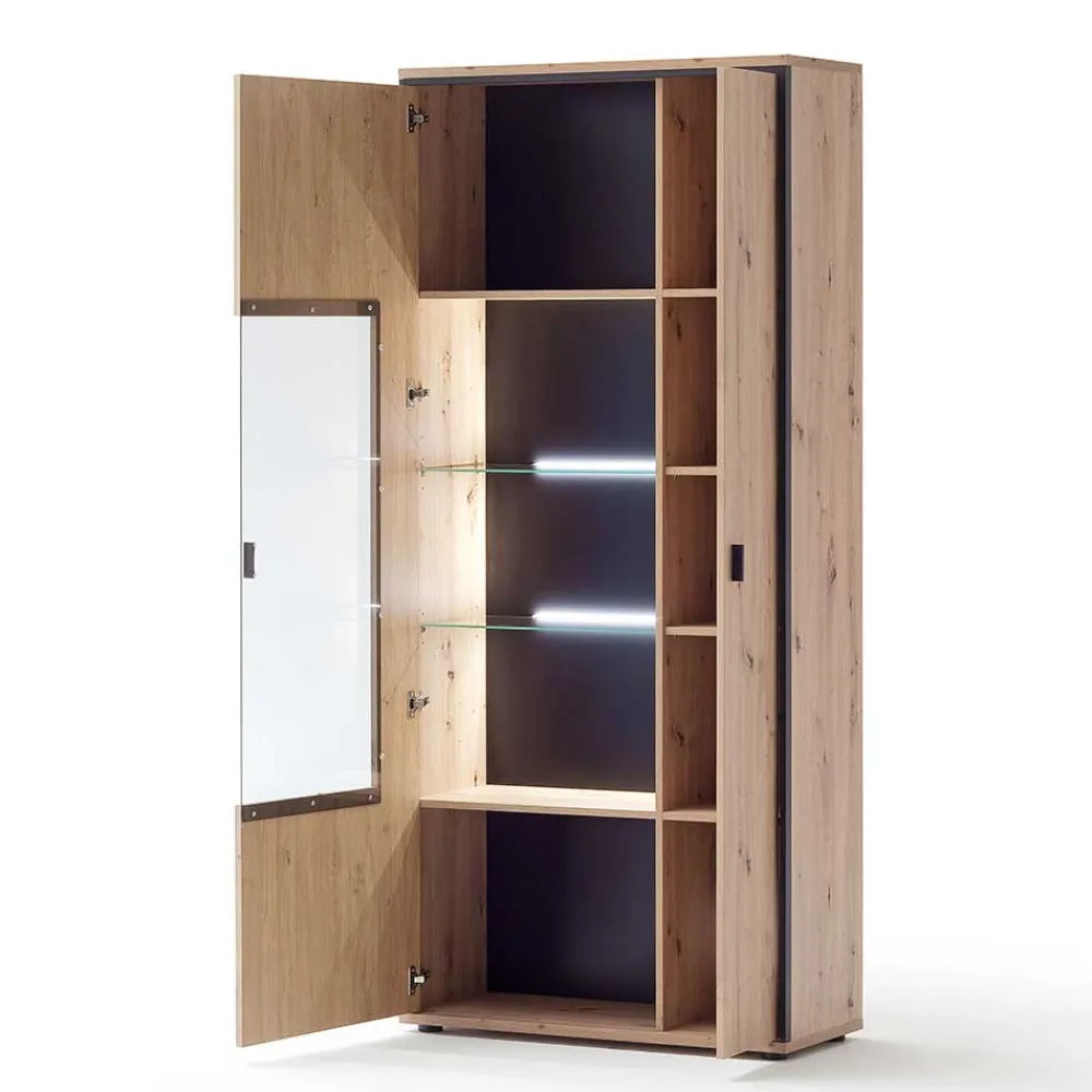 Wohnen 93x210x38 Vitrinenschrank in Eiche Holzdekor - Nikdus