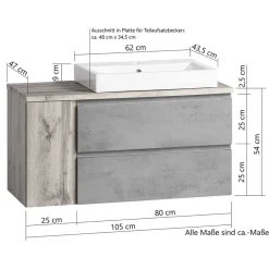 Wohnen Waschtisch|Waschbeckenunterschränke*105x63x47 Waschtisch hängend in Wildeiche & Beton - Mia
