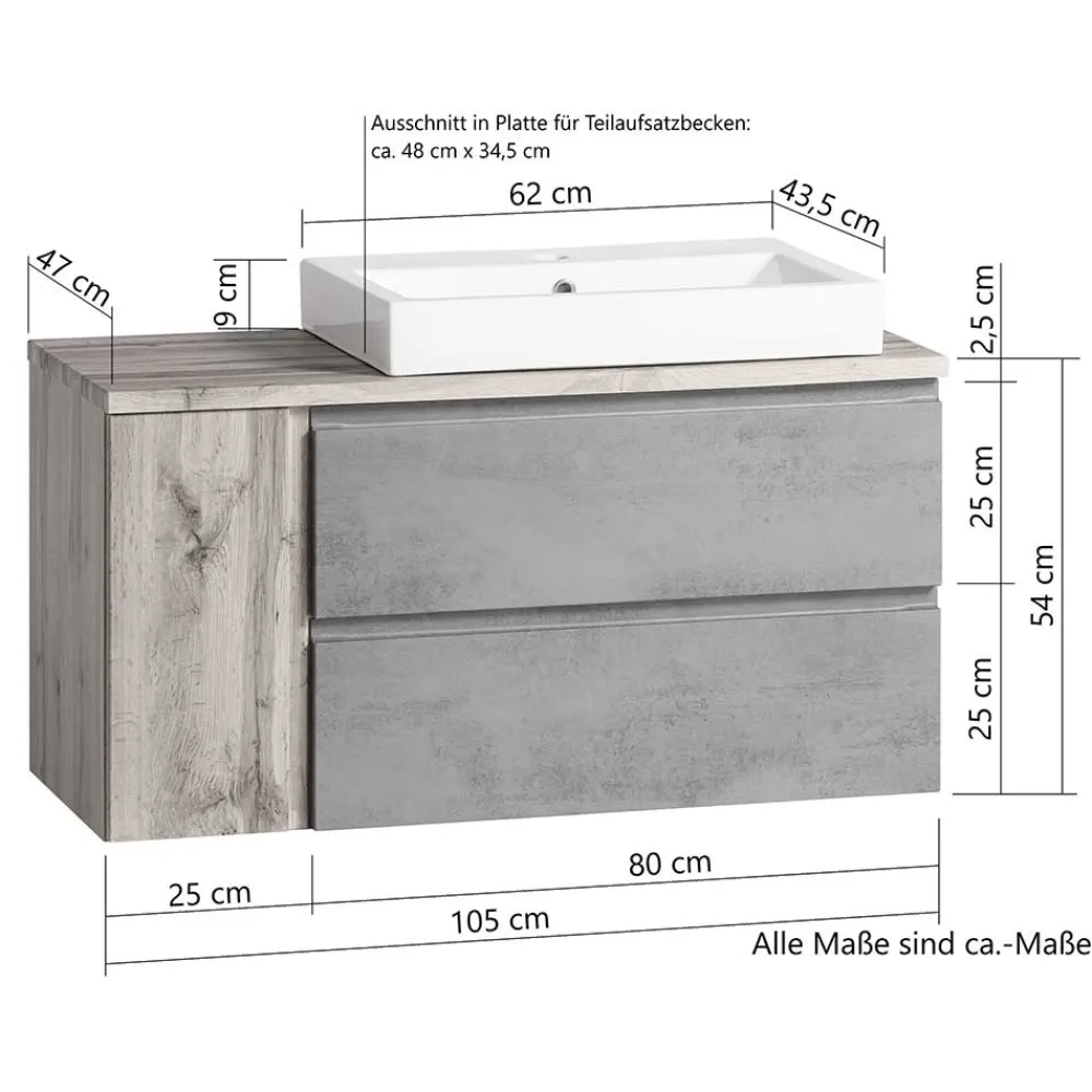 Wohnen Waschtisch|Waschbeckenunterschränke*105x63x47 Waschtisch hängend in Wildeiche & Beton - Mia