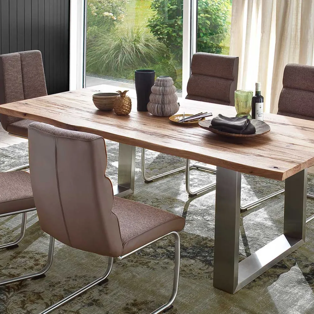 Wohnen Massivholzmöbel|Küchentische*Zerreiche Esstisch mit Baumkante Jelsica & Edelstahl Bügelgestell